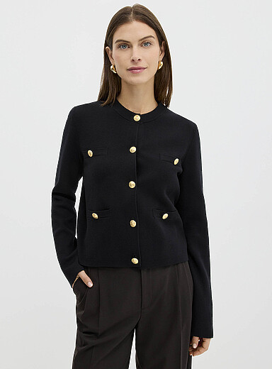 Contemporaine Black Crest buttons decorative pockets cardigan for women