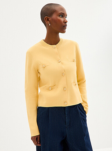 Contemporaine Corn/Vanilla Yellow Crest buttons decorative pockets cardigan for women