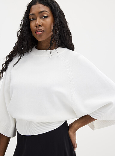 Contemporaine Off White Raglan bell sleeves boxy-fit sweater for women