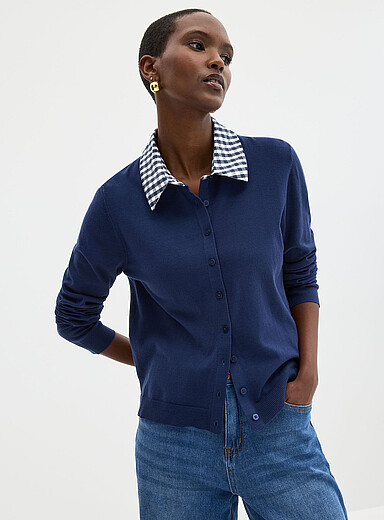Poplin shirt collar fine-knit cardigan
