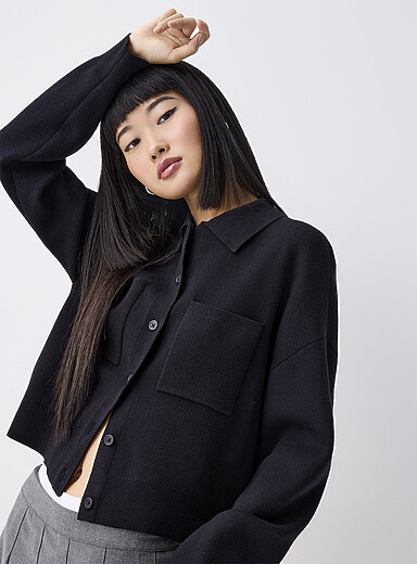 Le cardigan carr&eacute; col polo