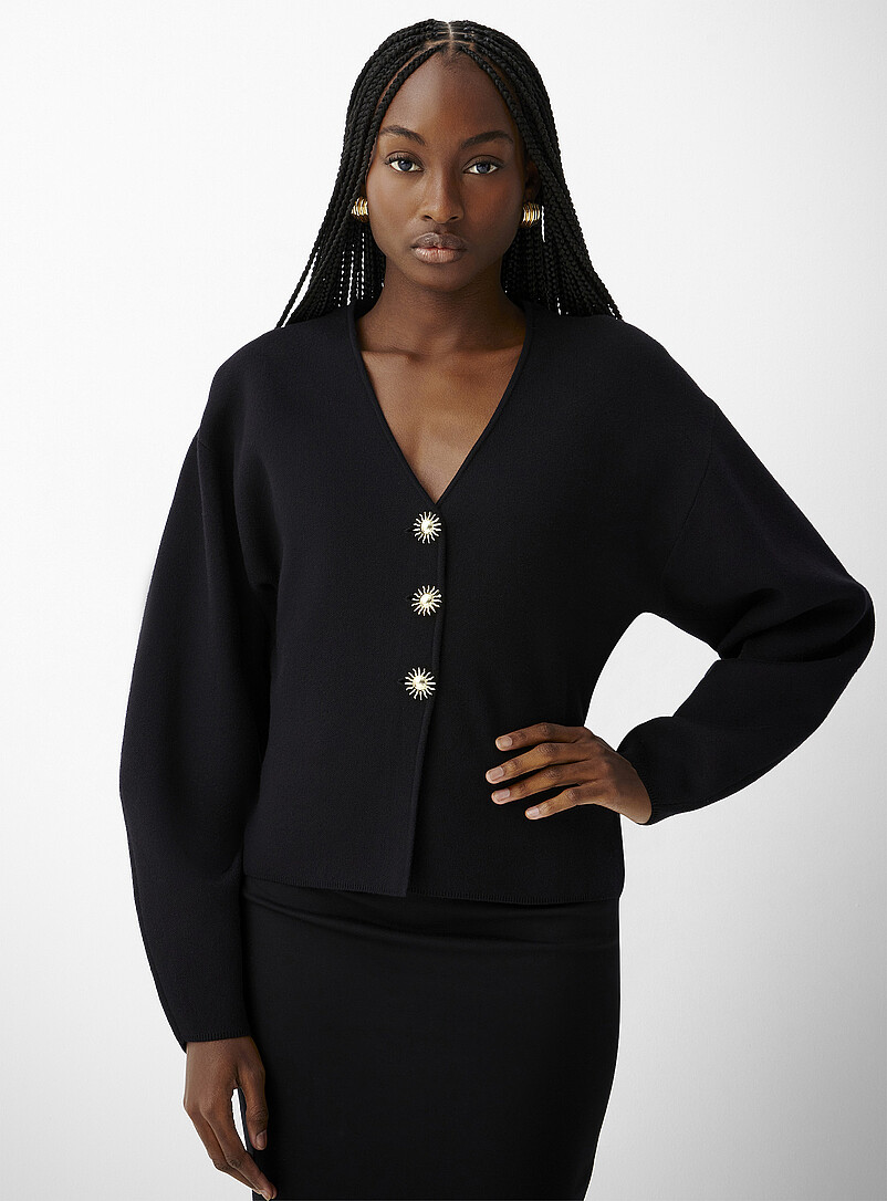 Ic&ocirc;ne: Le cardigan col V boutons dor&eacute;s tricot dense Lavande - Pourpre clair pour femme