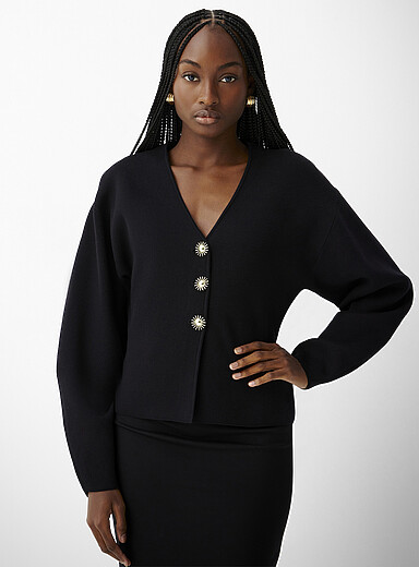 Golden buttons V-neck thick-knit cardigan