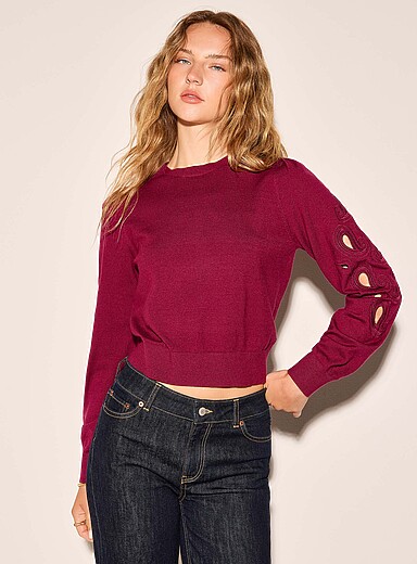 Ic&ocirc;ne Burgundy Broderie anglaise puff-sleeve solid sweater for women