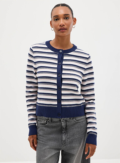 Contrasting trim striped soft knit boxy cardigan