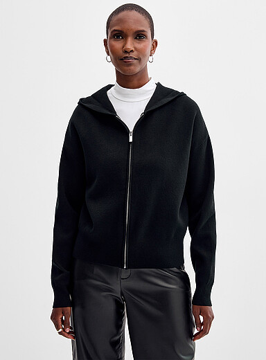 Contemporaine Black Soft knit zippered hooded cardigan for women
