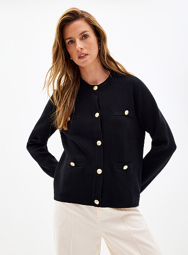 Contemporaine: Le cardigan poches plaqu&eacute;es boutons armoiries dor&eacute;s Noir pour femme
