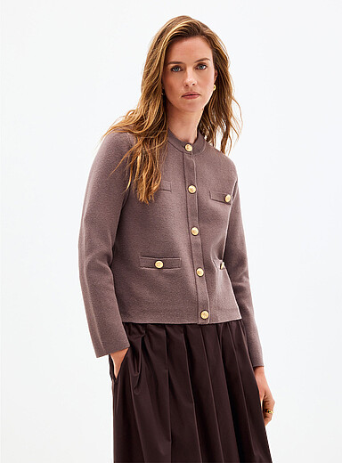Contemporaine Fawn/Tobacco Gold crest buttons patch pockets cardigan for women