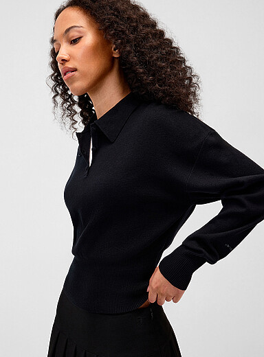 Twik Black Fitted-waist polo collar sweater for women