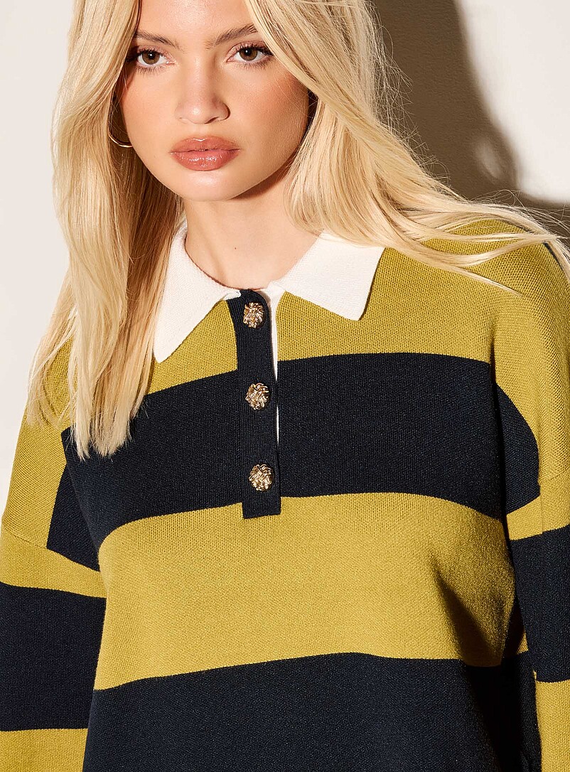 Ic&ocirc;ne Navy/Midnight Blue Jewel-button rugby stripes polo shirt for women