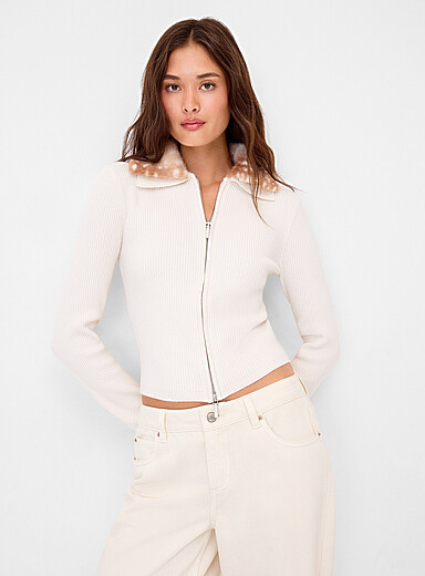 Twik Off White Faux-fur collar zip-up cardigan for women