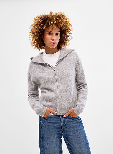 Contemporaine Light Grey Pure merino wool hooded zip cardigan for women