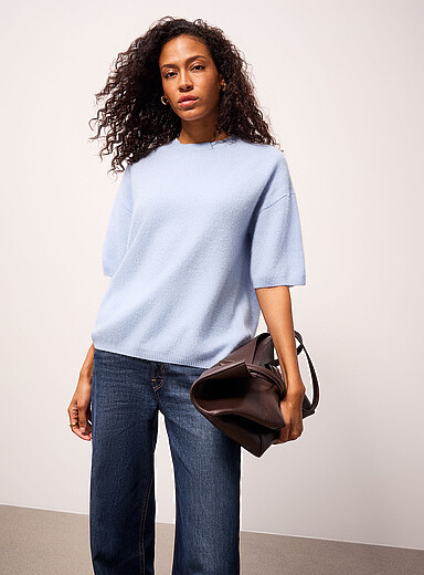 Contemporaine Baby Blue Short-sleeve fuzzy merino wool sweater for women