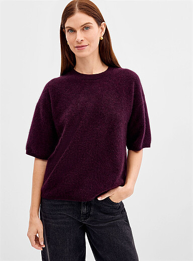 Short-sleeve fuzzy merino wool sweater