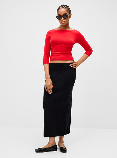 Twik Black Fitted rib-knit maxi skirt for women