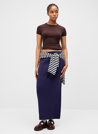 Twik Navy/Midnight Blue Fitted rib-knit maxi skirt for women