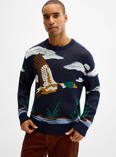 Le 31 Patterned Navy Mallard jacquard sweater for men