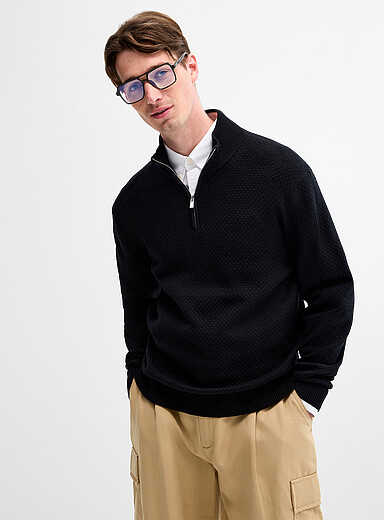 Zip-neck embossed knit sweater