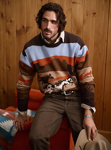 Le 31 Patterned Brown Wild horse jacquard sweater for men