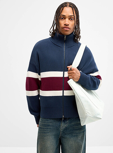 Block-stripe zipped mock-neck cardigan <b>Oversized fit</b>