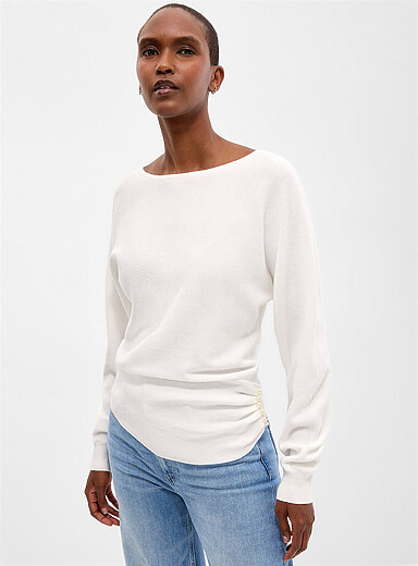Contemporaine Off White Bead buttons pleated waist waffle-knit sweater for women