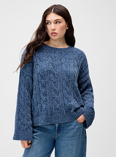 Twik: Le chandail chenille c&acirc;bles Bleu pour femme