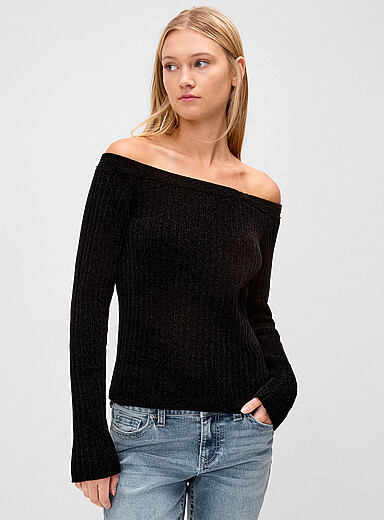Twik Black Chenille boat-neck sweater for women