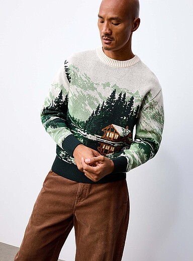 Le 31 Patterned Green Nature jacquard sweater for men