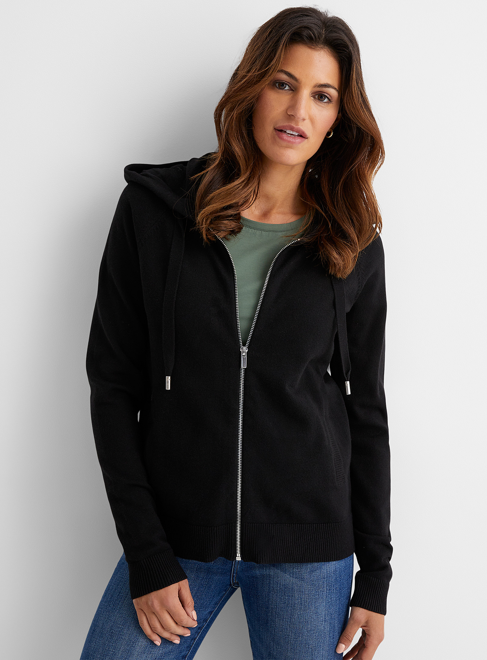 Contemporaine Hooded Knit Zip-up Cardigan In Black