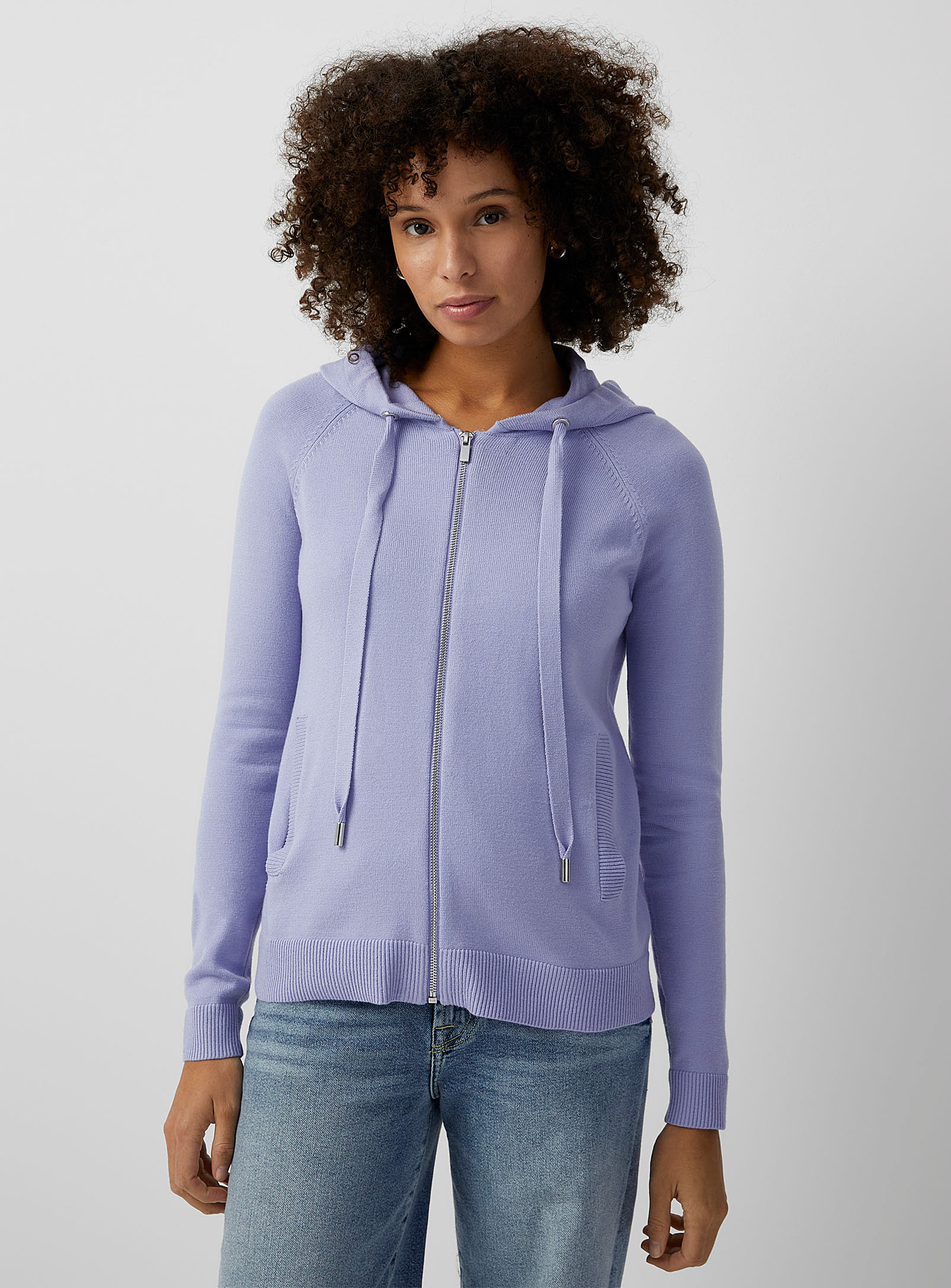 Contemporaine Hooded Knit Zip-up Cardigan In Purple