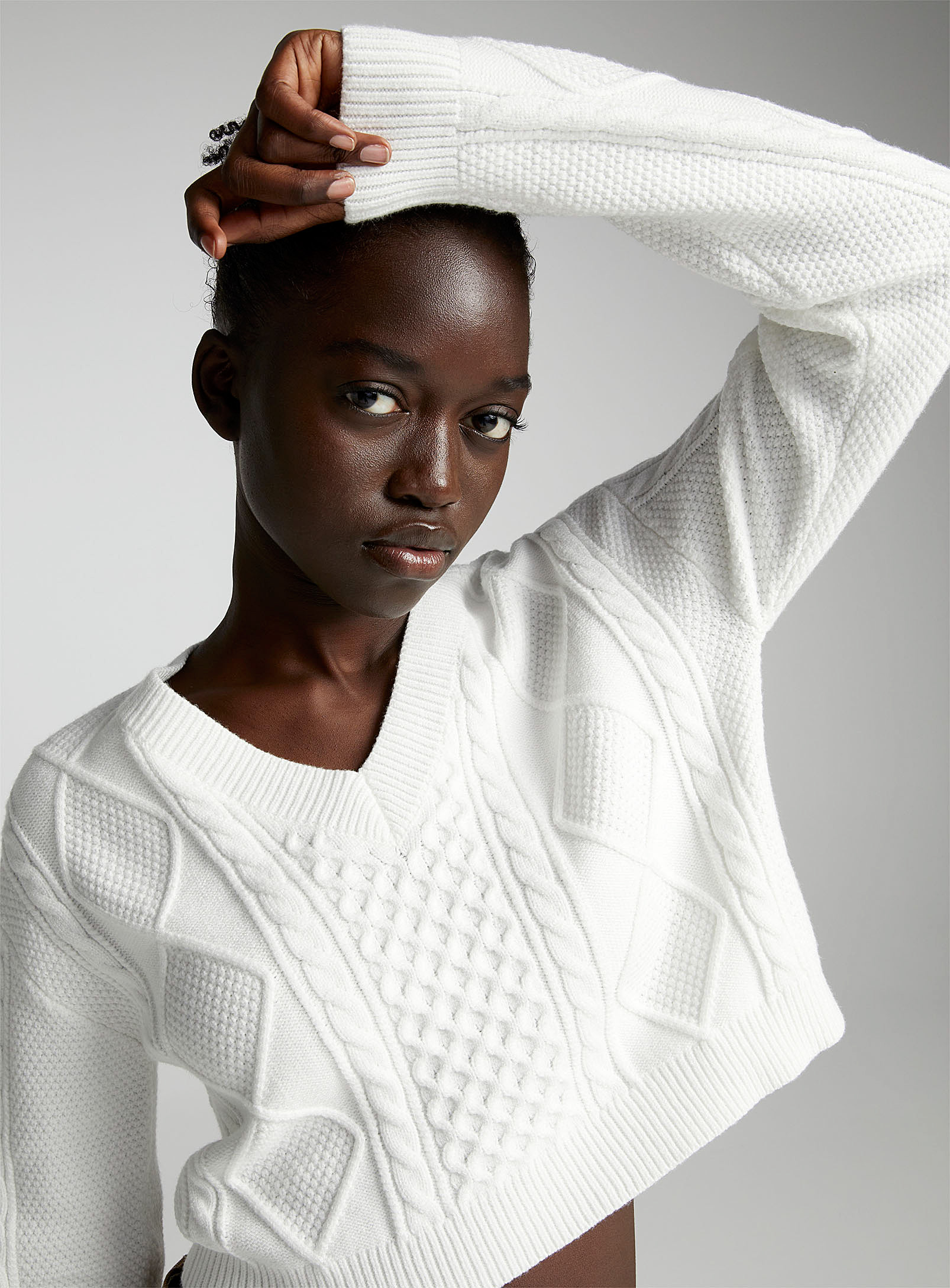 Twik Cables And Diamonds Cropped Sweater In Ivory White