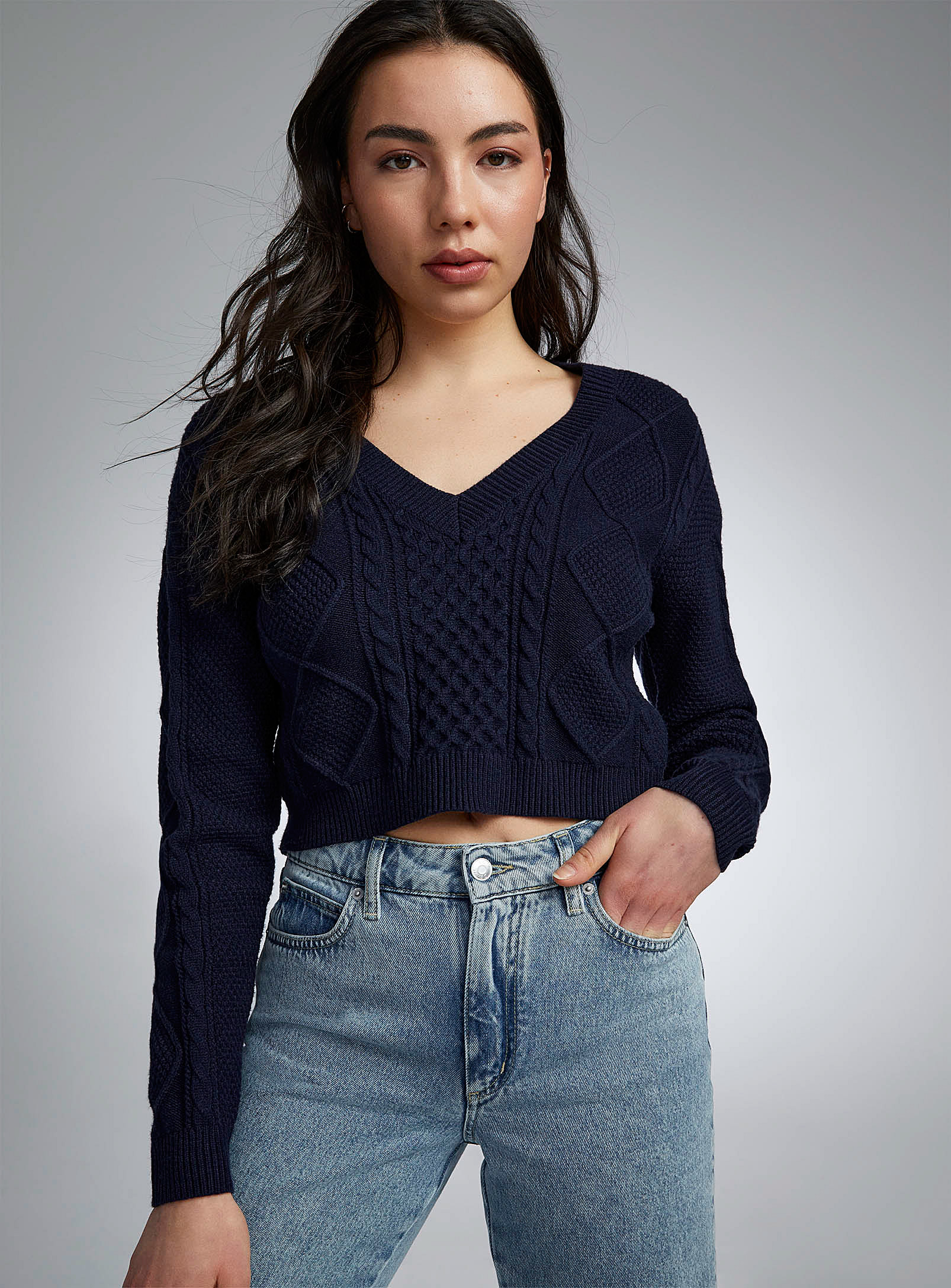 Twik Cables And Diamonds Cropped Sweater In Marine Blue