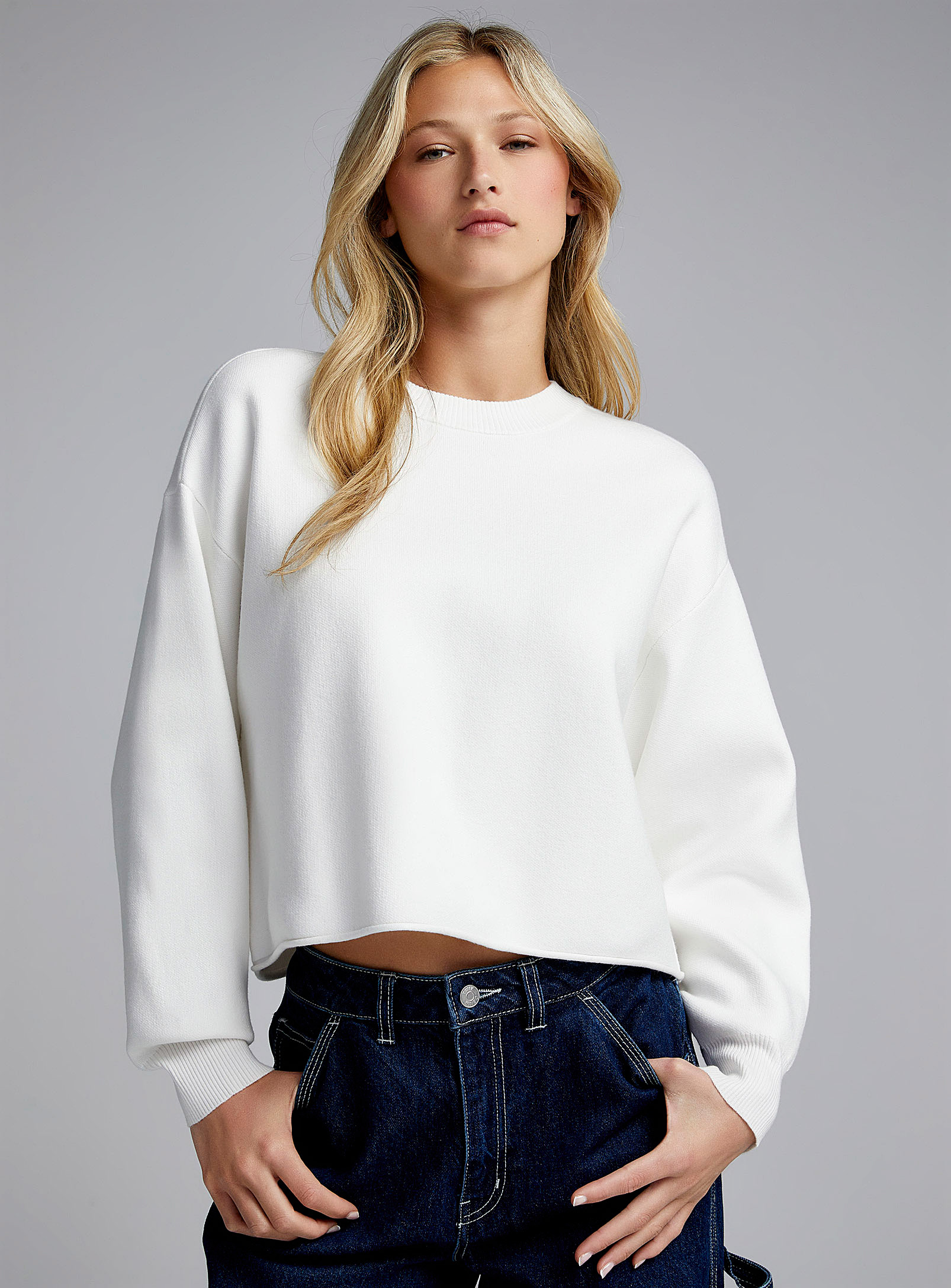 Twik Rolled-hem Loose Cropped Sweater In Ivory White