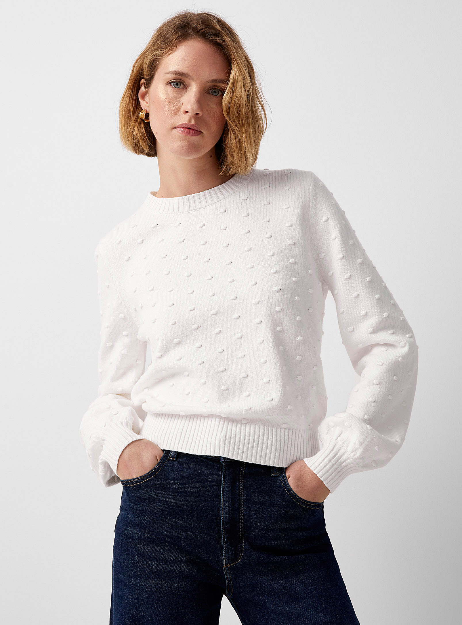 Contemporaine Puff-sleeve Pompom Sweater In Ivory White
