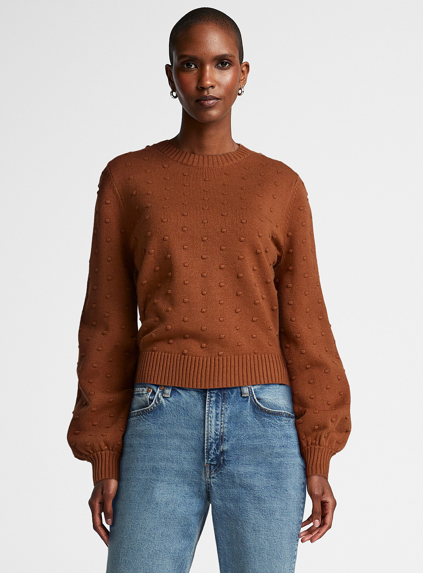 Contemporaine Puff-sleeve Pompom Sweater In Light Brown