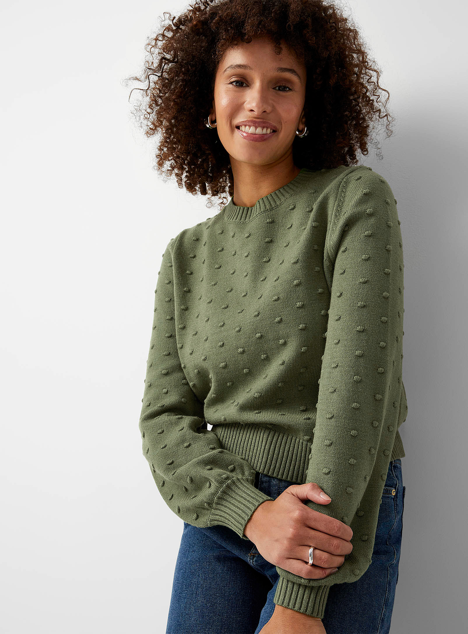 Contemporaine Puff-sleeve Pompom Sweater In Lime Green