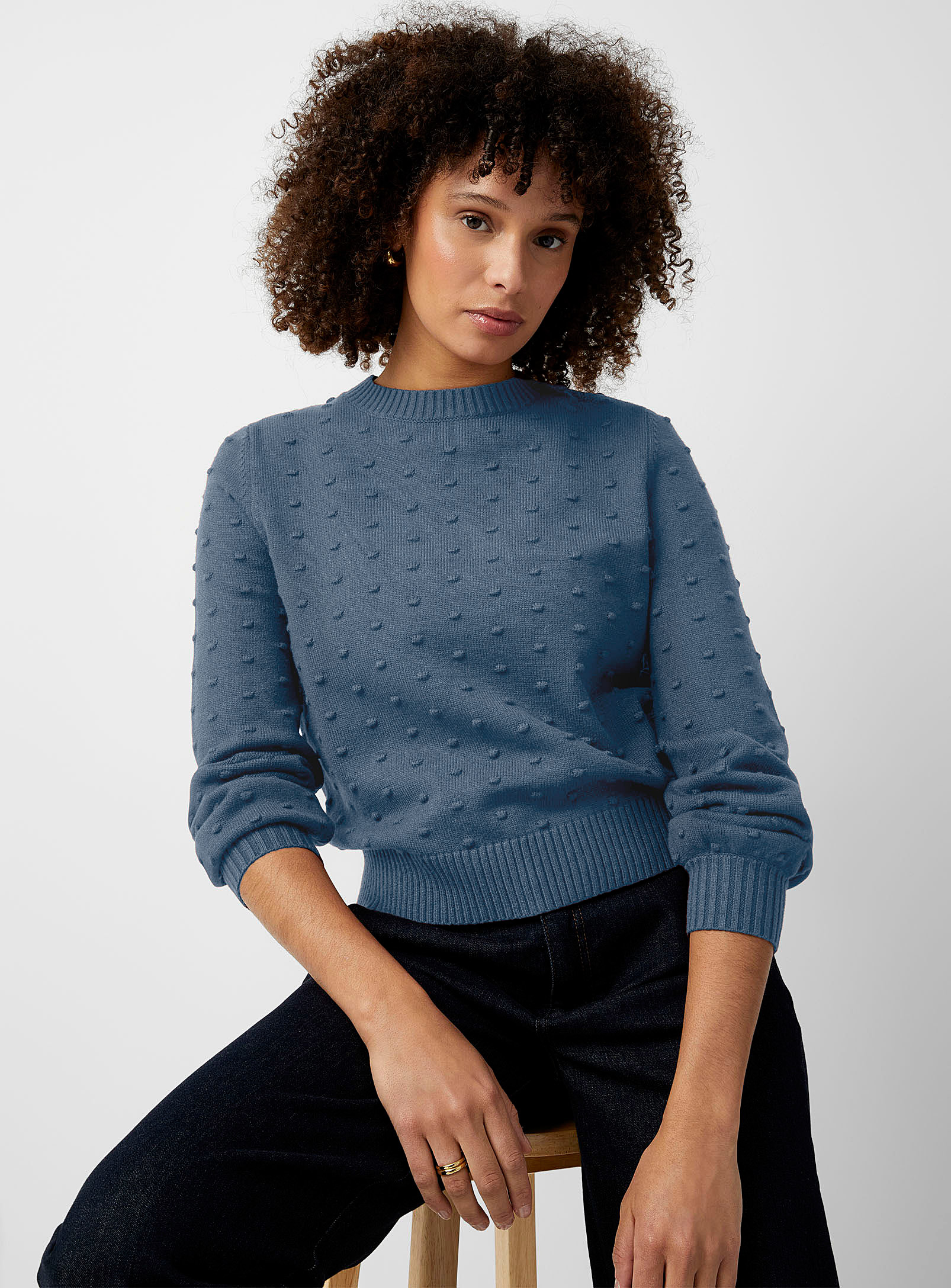 Contemporaine Puff-sleeve Pompom Sweater In Slate Blue