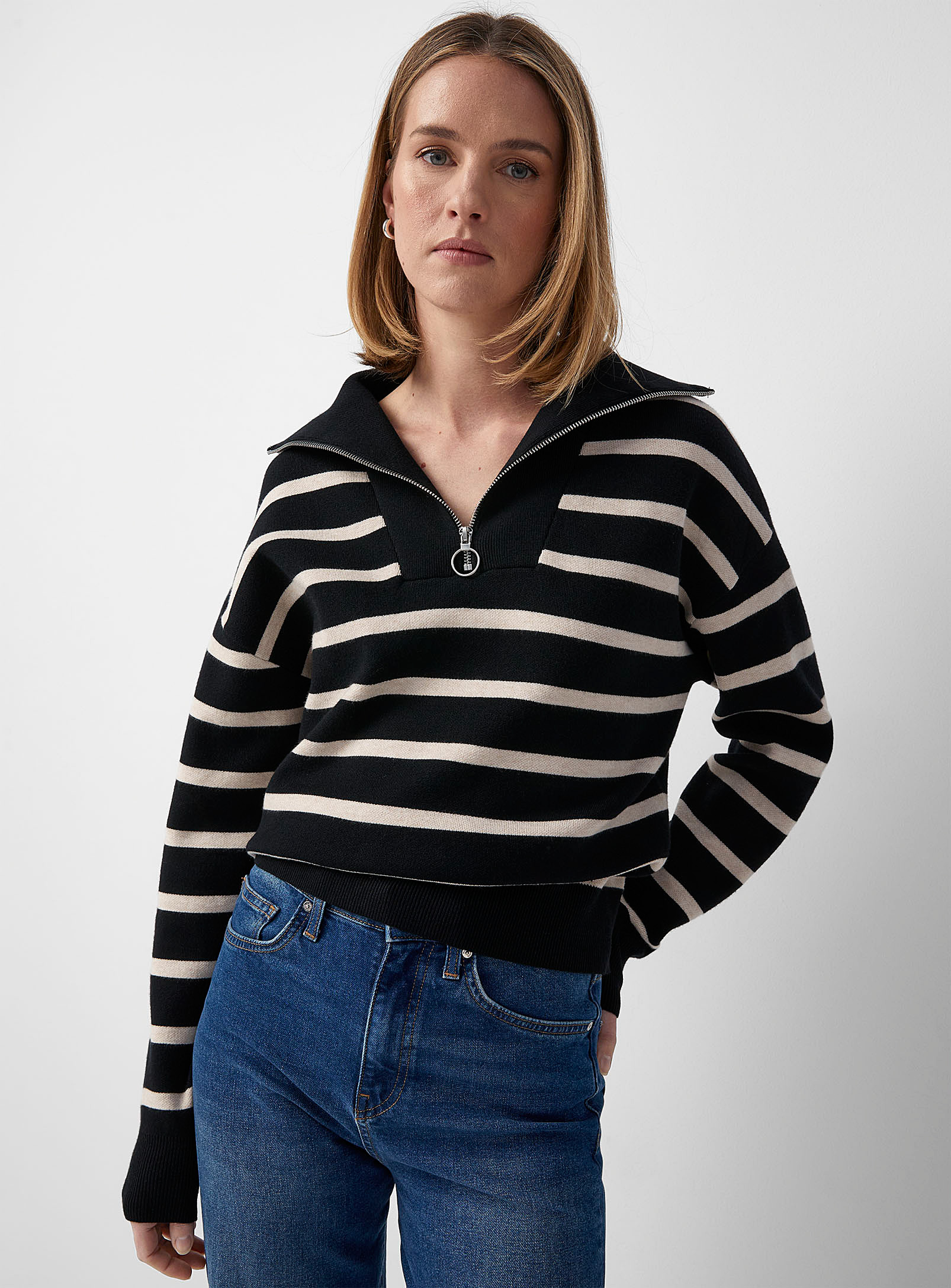Contemporaine - Women's Zippered collar striped sweater