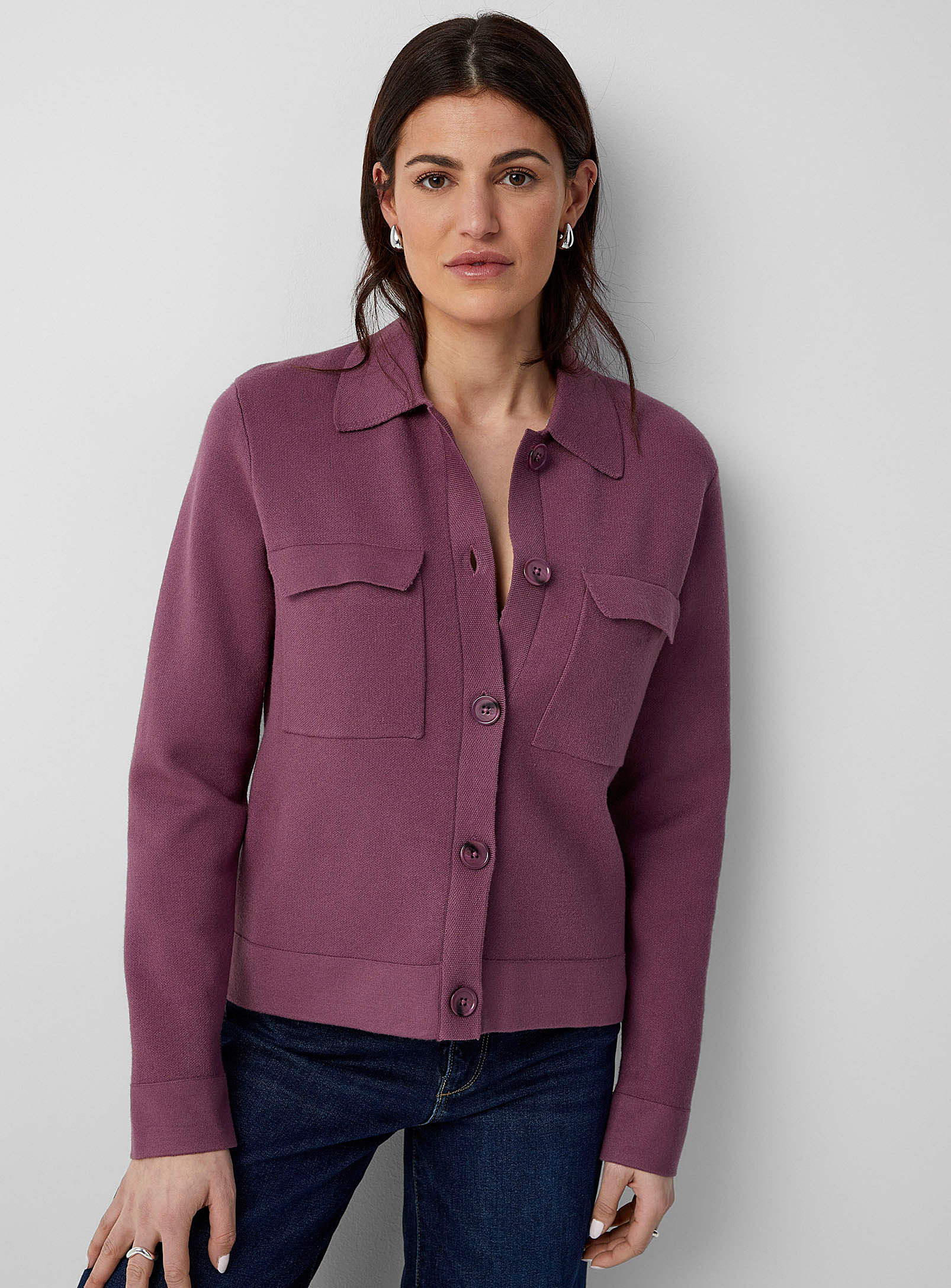 Contemporaine Flap Pockets Shirt Cardigan In Cherry Red