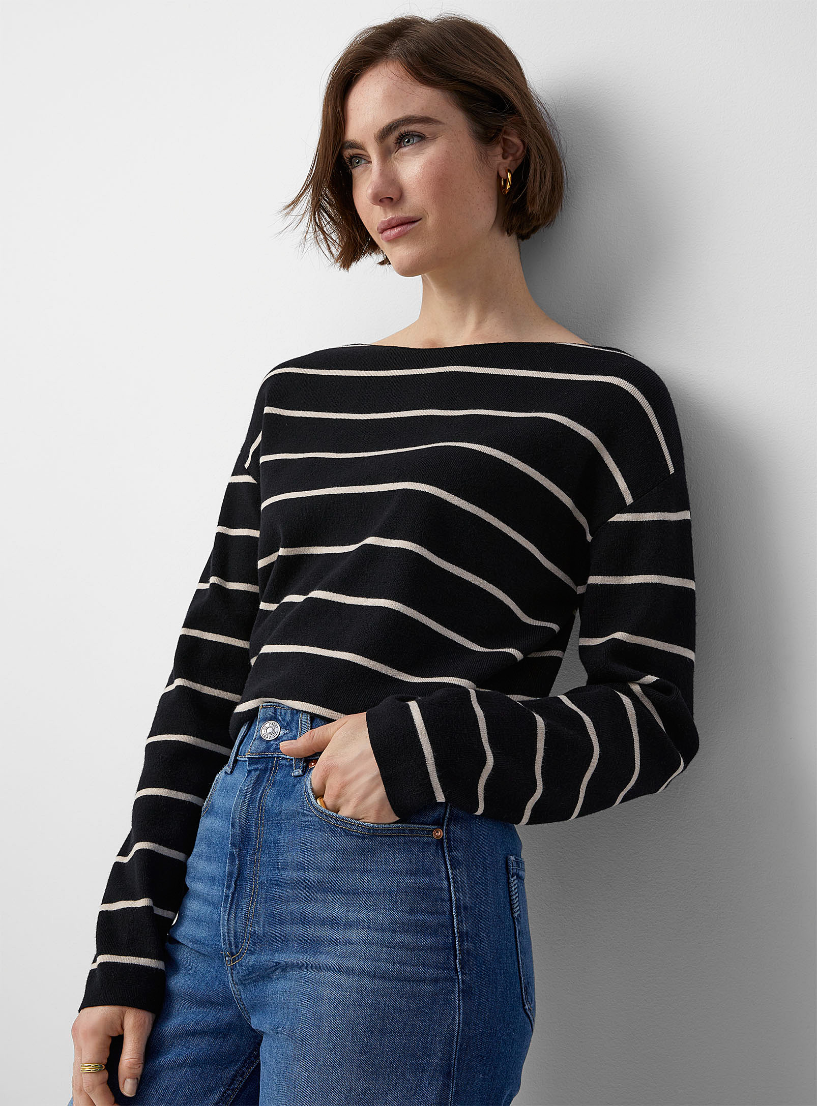Contemporaine Horizontal Stripe Boxy-fit Sweater In Black