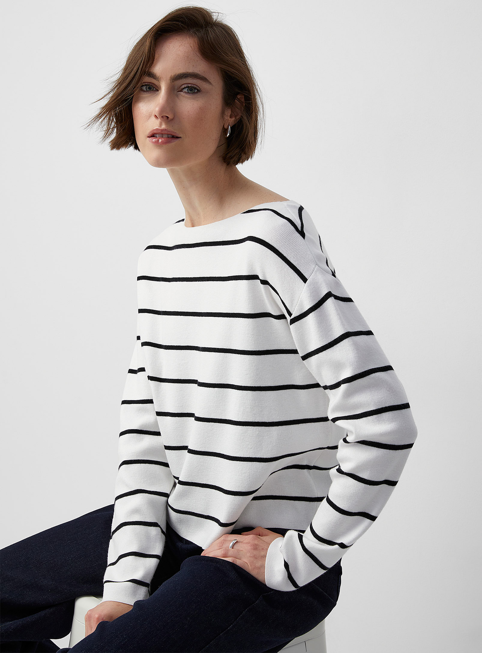 Contemporaine Horizontal Stripe Boxy-fit Sweater In Ivory White