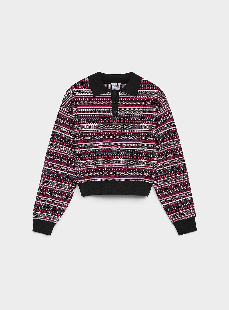 Colourful Jacquard Polo-Collar Sweater