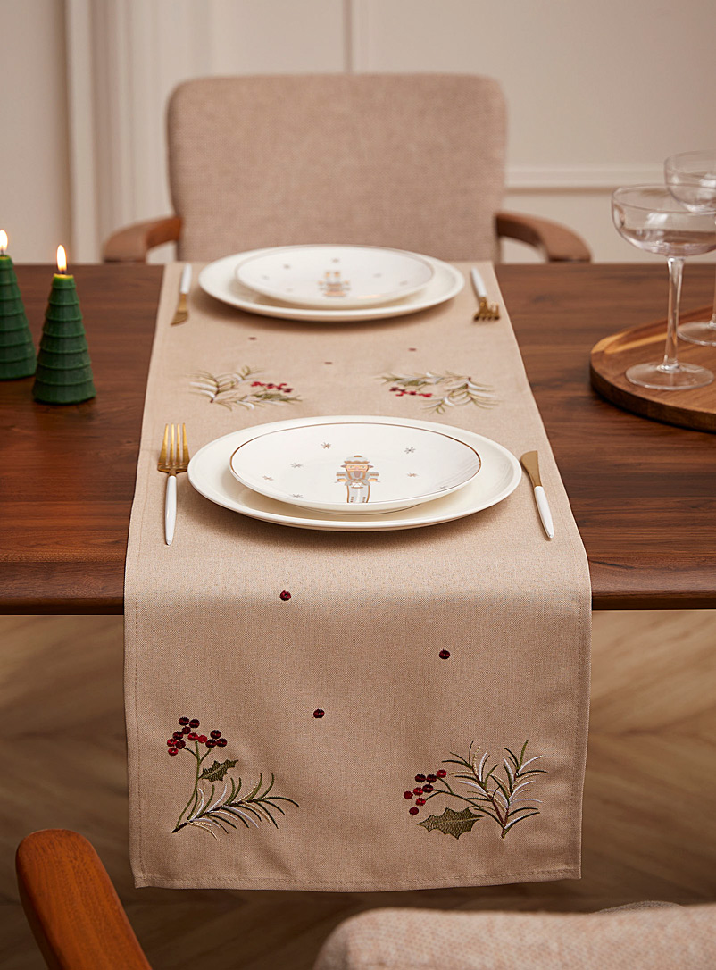 Simons Maison Patterned Ecru Embroidered red berries table runner See available sizes