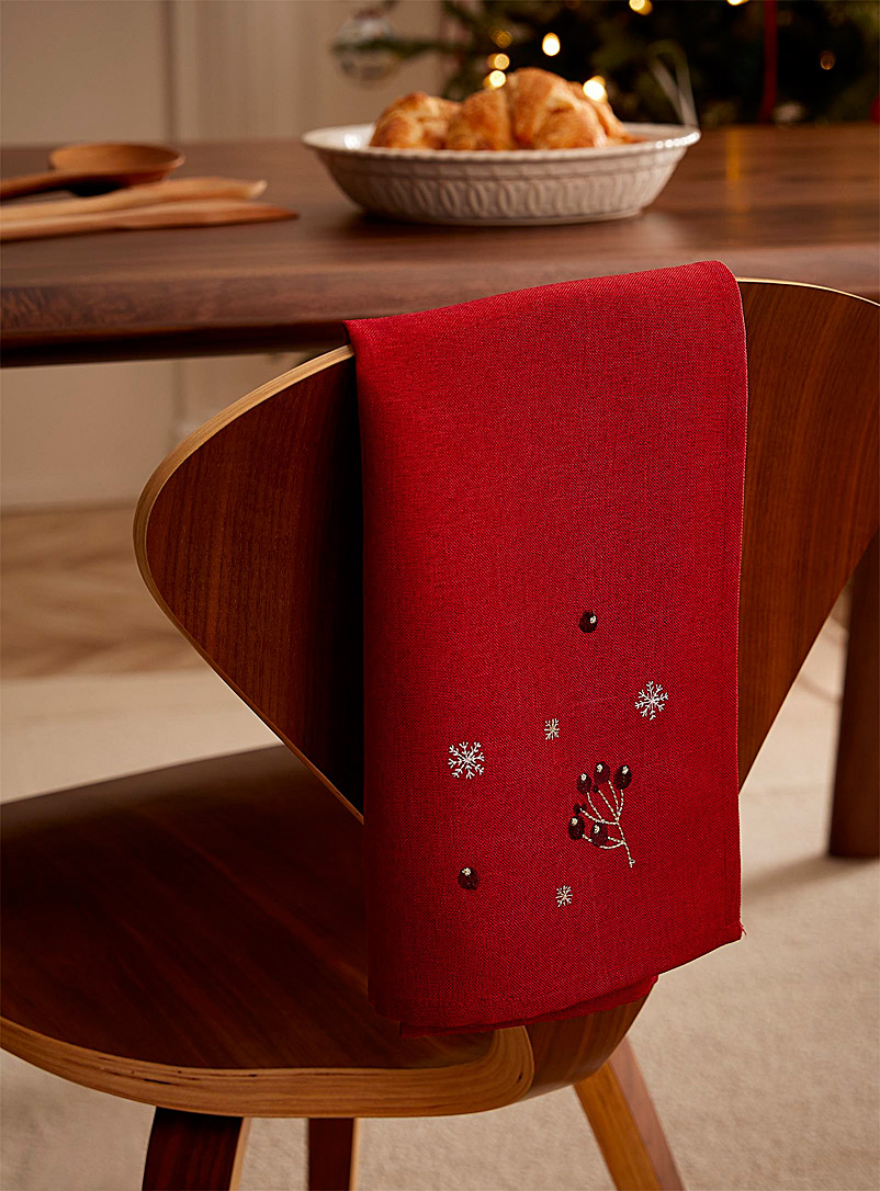 Simons Maison: La serviette de table brodée baies et flocons Rouge à motifs