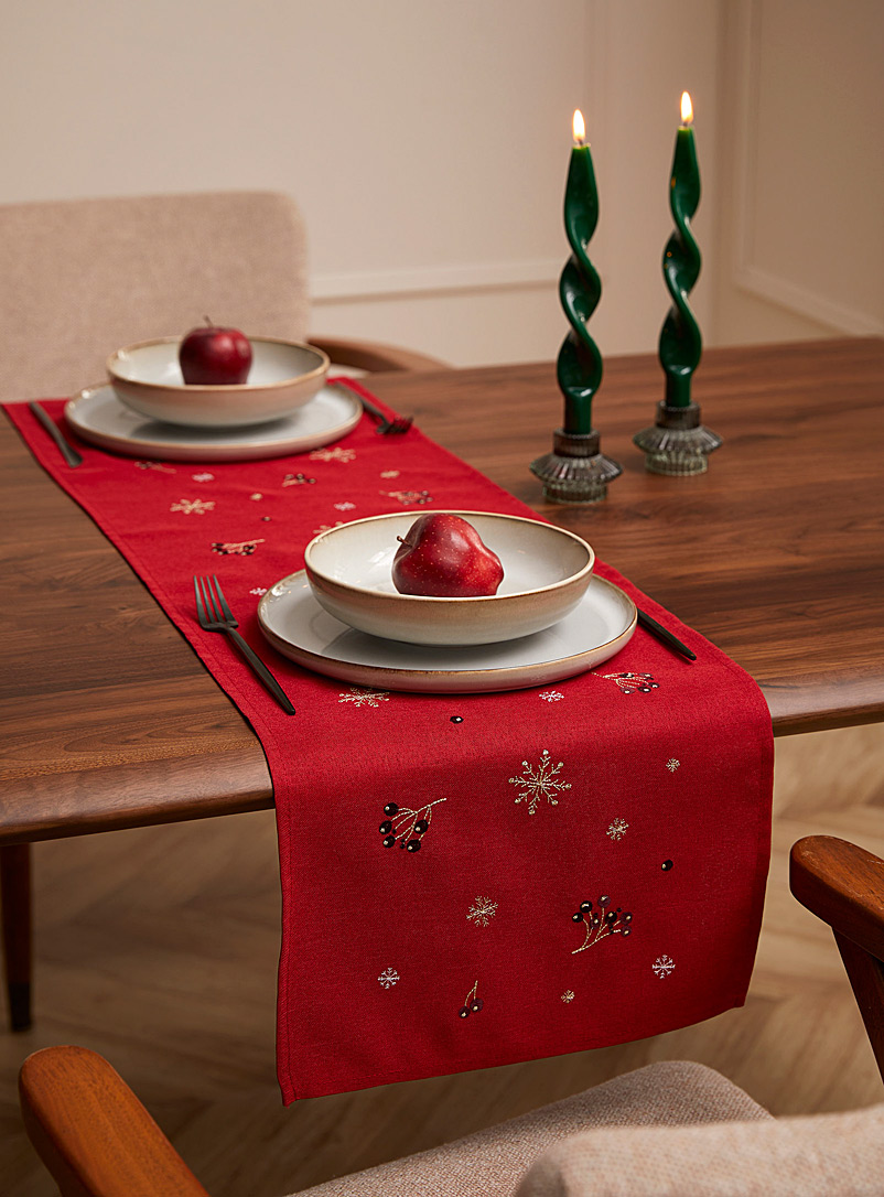 Simons Maison Patterned Red Embroidered berries and snowflakes table runner See available sizes