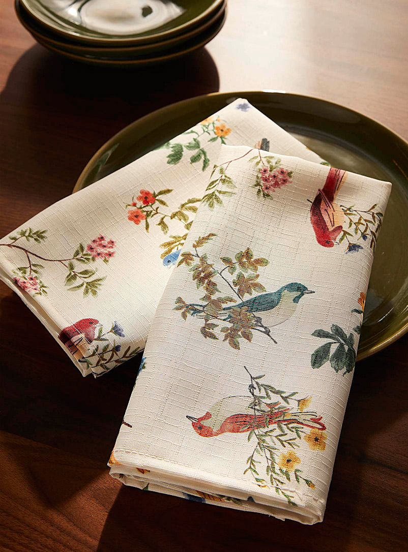 Simons Maison: Les serviettes de table polyester recyclé oiseaux colorés Ensemble de 2 Blanc à motifs