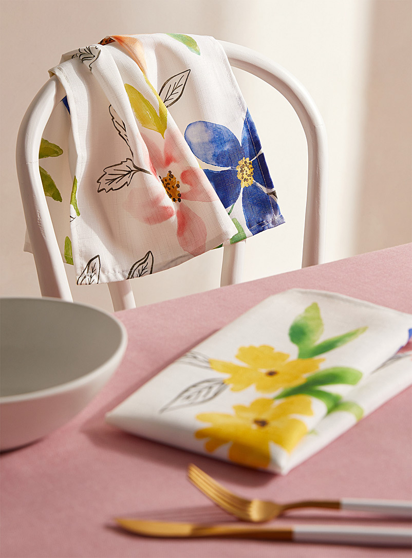 Simons Maison: Les serviettes de table polyester recyclé fleurs aquarelle Ensemble de 2 Blanc à motifs