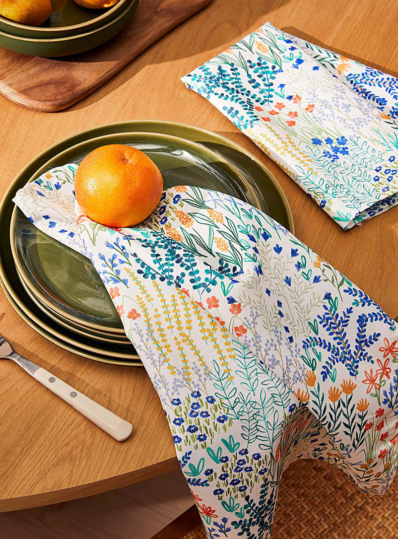 Simons Maison: Les serviettes de table polyester recyclé prairie fleurie Ensemble de 2 Blanc à motifs