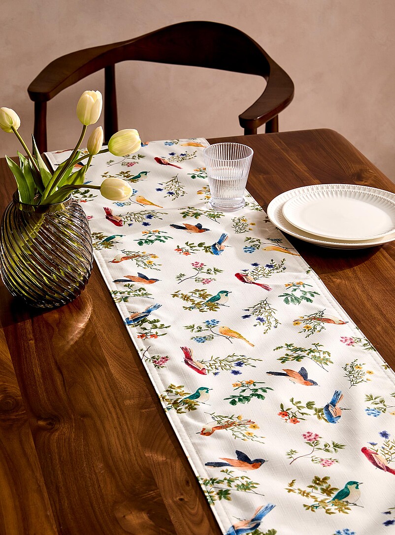 Dainty Songbird Table Runner - Ochre Yellow & Grey Birds & Leaves, Vintage Cotton, Two Sizes