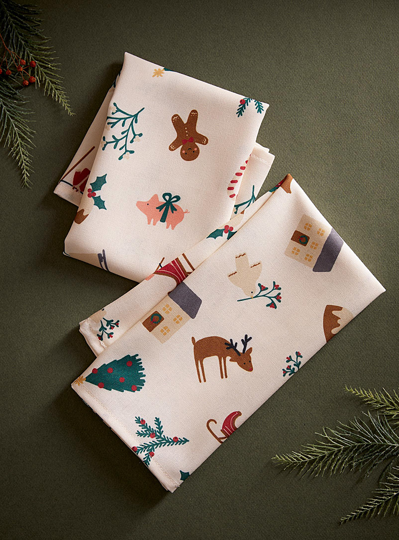 Simons Maison: Les serviettes de table polyester recyclé motifs hivernaux Ensemble de 2 Écru à motifs